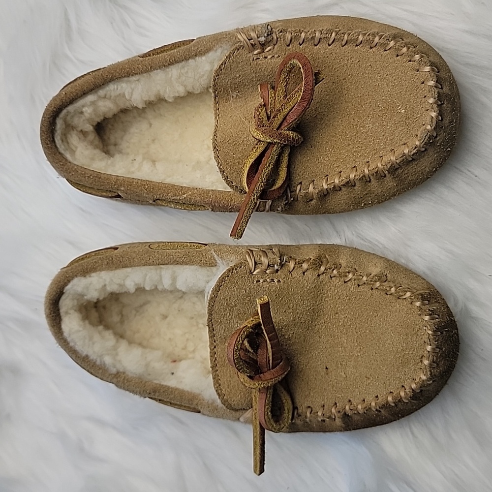 POLO RALPH LAUREN Tan Suede Shearling Preppy Loungewear‎ Boho Moccasin Slippers